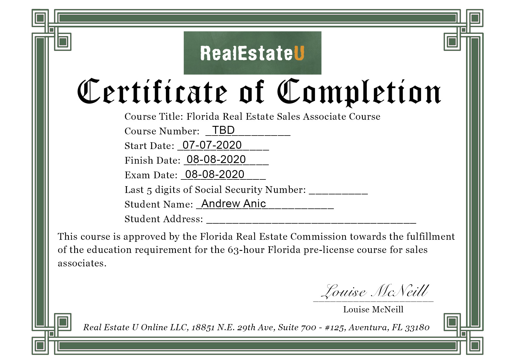 real estate licence Florida: certificate of completion