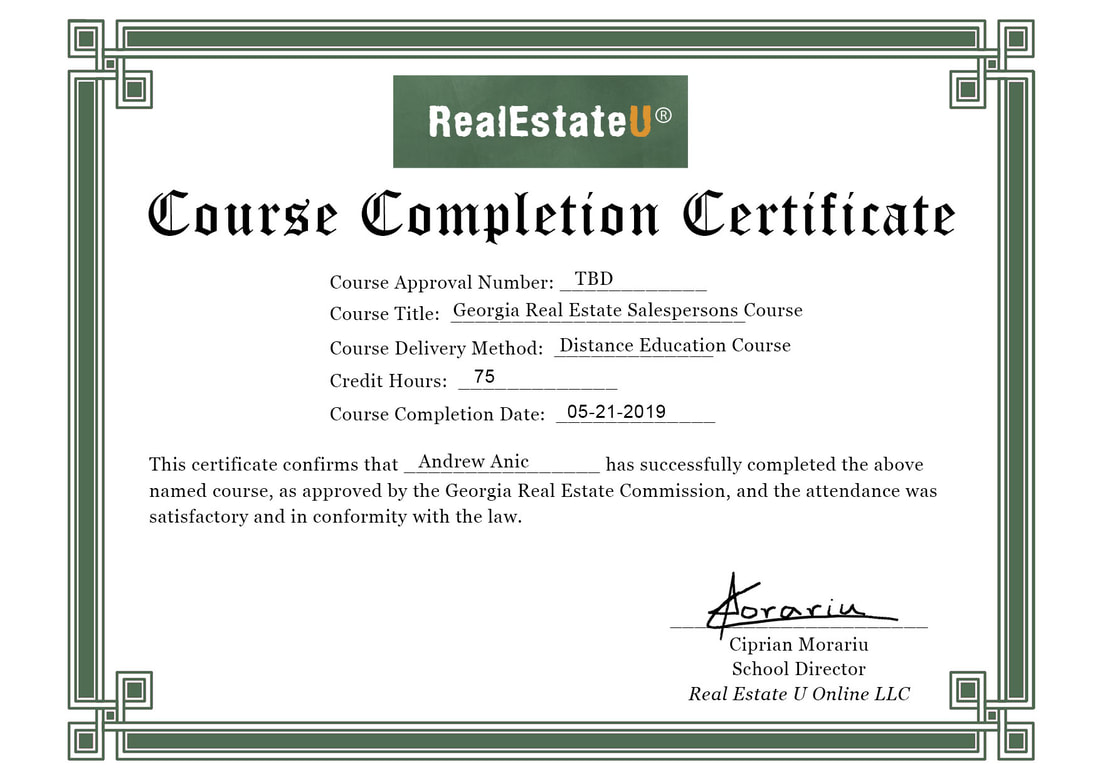real estate licence Georgia online: course completion certificate