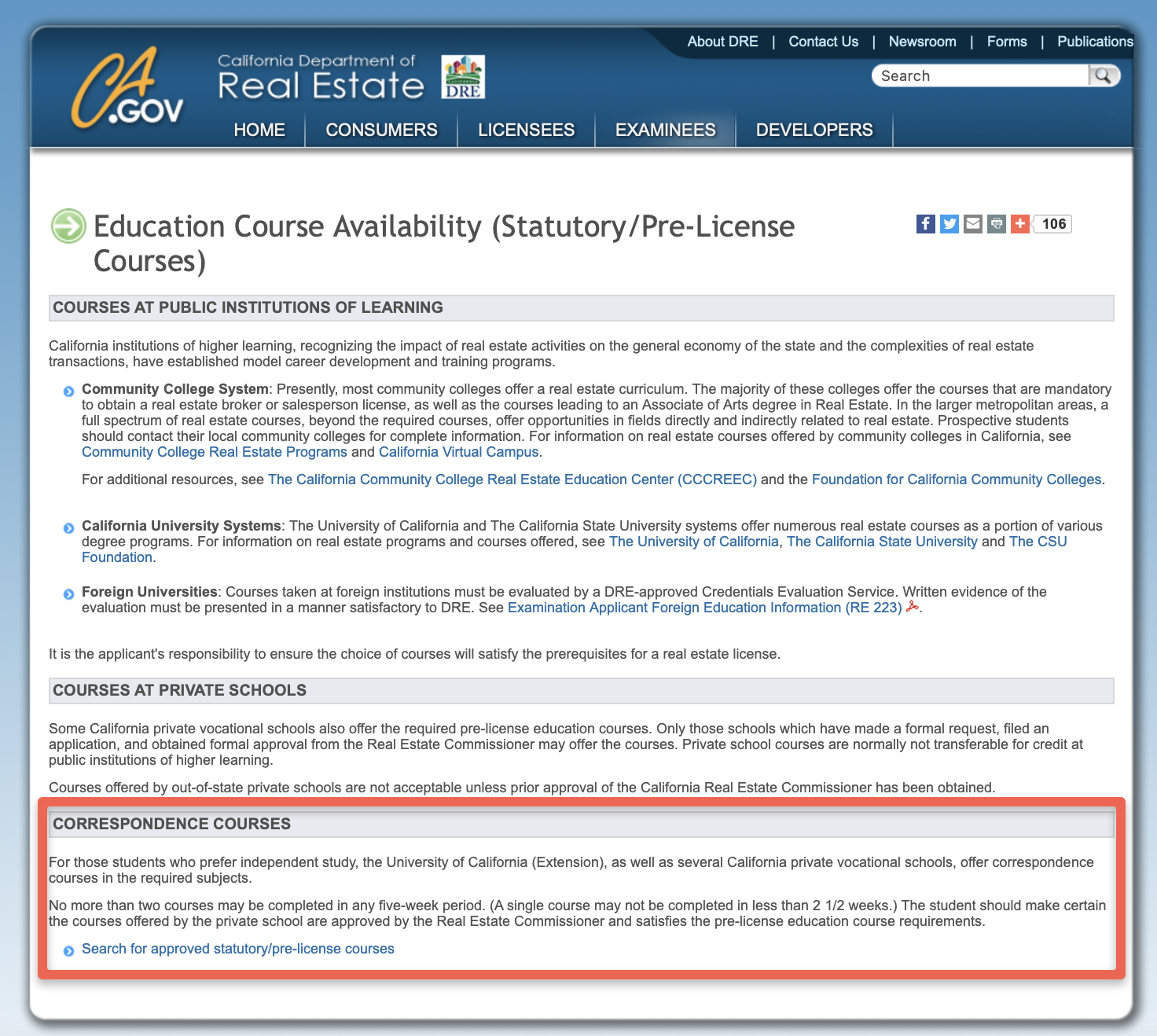 California Real Estate License mandatory completion time example of 2.5 weeks per course as shown on the CA DRE website.