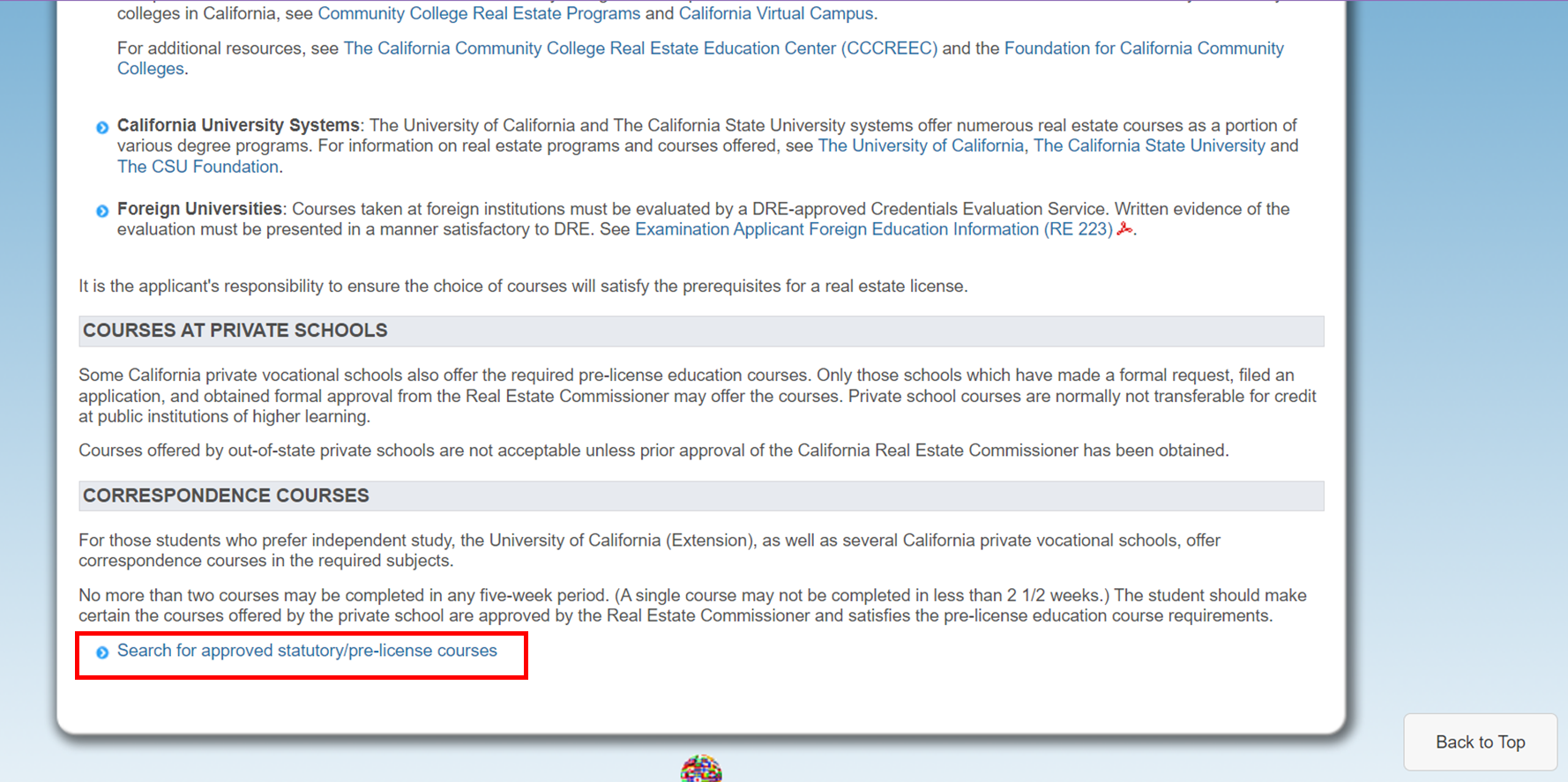 Home Page of the DRE website with the Search for approved statutory/pre-license courses link highlighted.