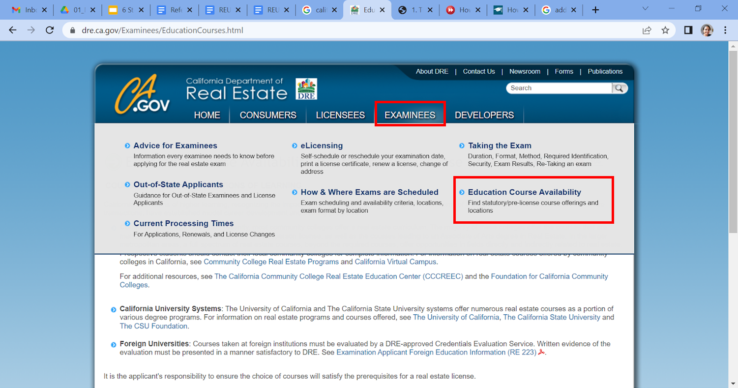 Home page of the California Real Estate Commission site, showing the ‘List of Statutory /Pre Licensing Course Offerings’ link highlighted.