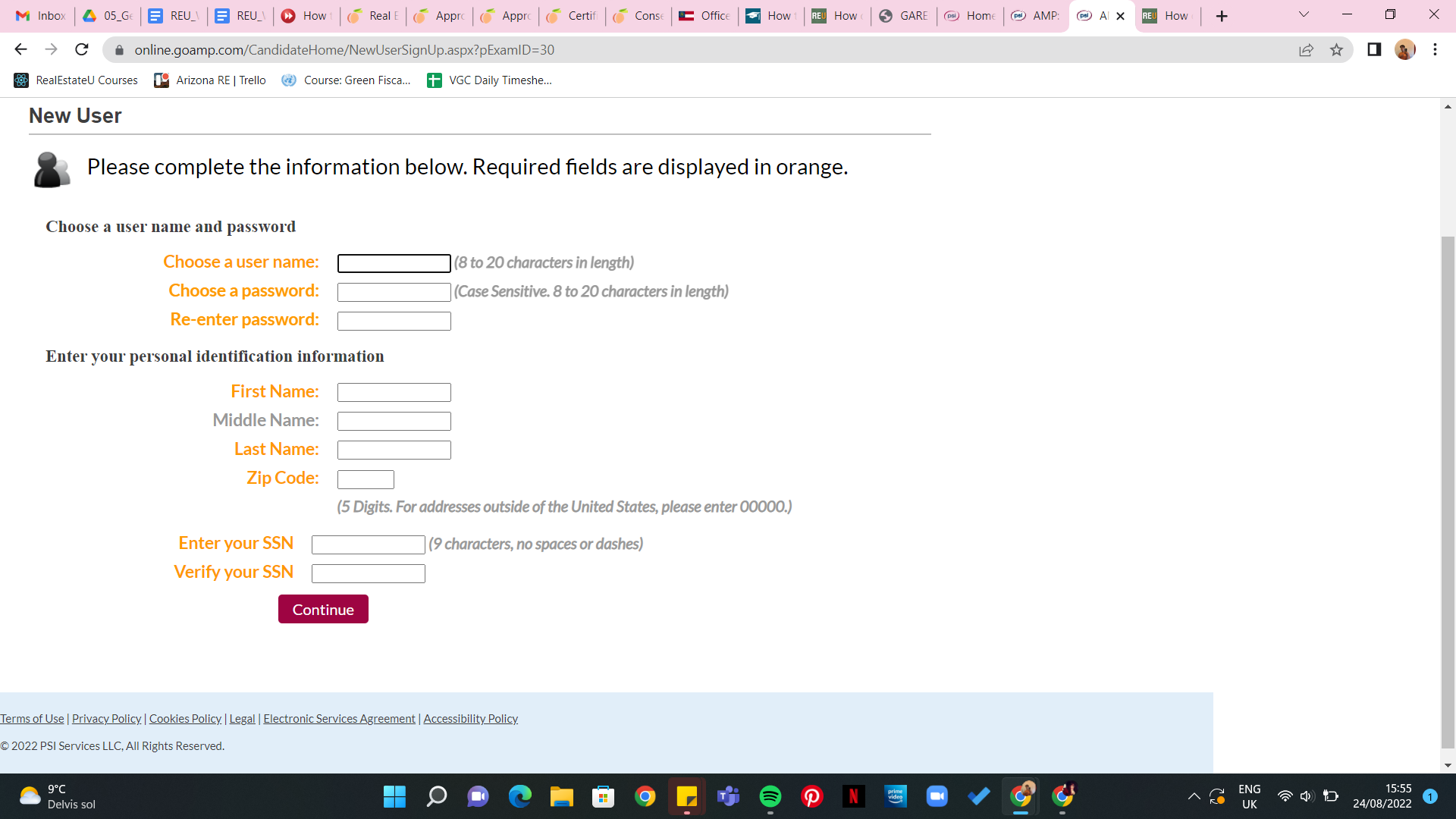 New User page asking you to enter the required information to create an account in order to schedule the exam.