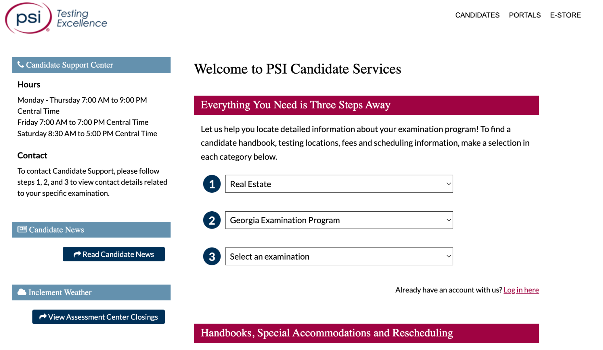 Page of PSI Candidate Services showing the categories to be selected for scheduling the exam.