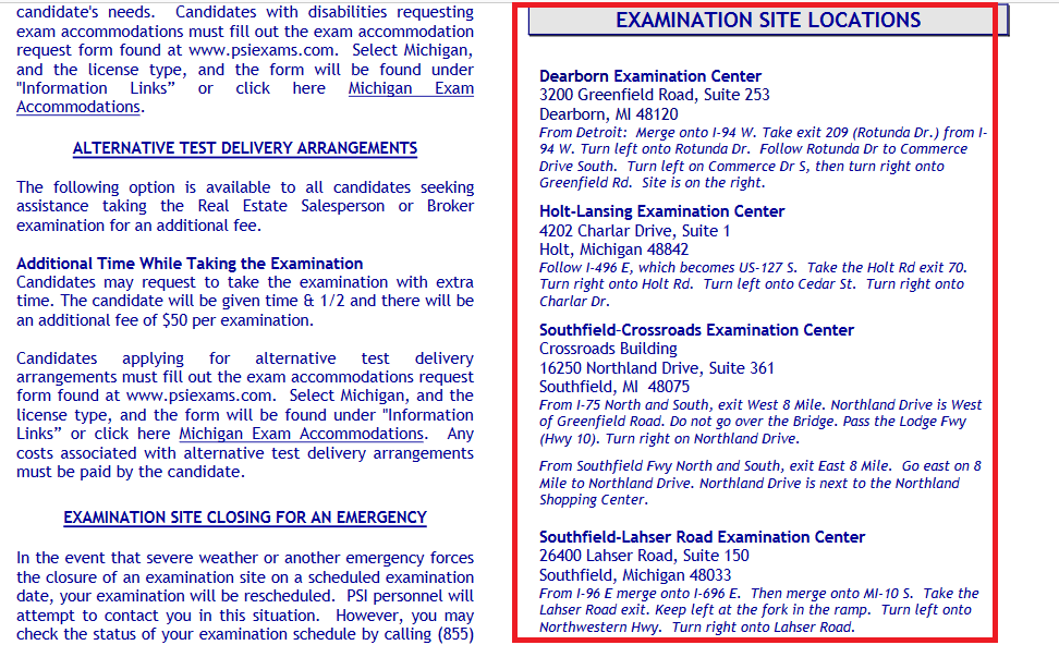 Examination Centers addresses and direction in Michigan on the PSI website.