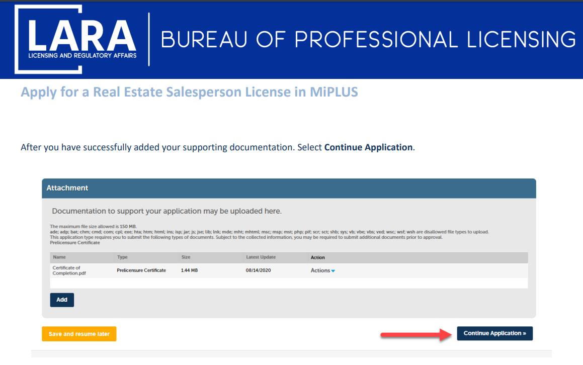 Uploading supporting documents on Michigan Licensing and Regulatory Affairs website
