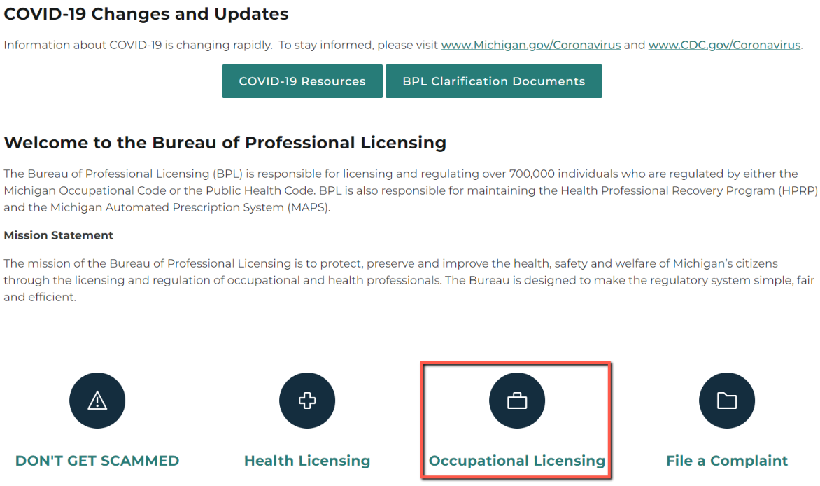 The ‘Occupational Licensing’ icon on the Michigan Licensing and Regulatory Affairs website