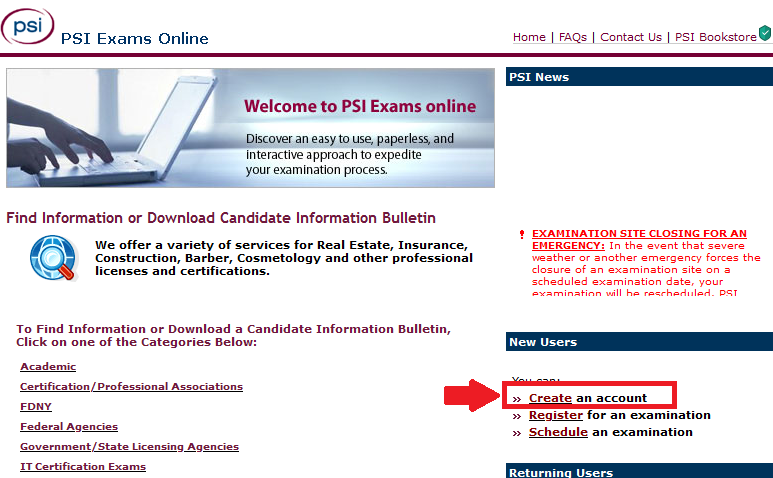 PSI Homepage to create an account