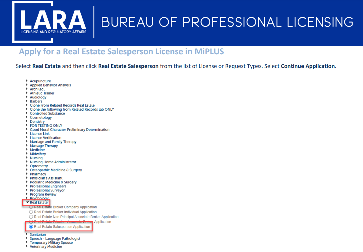 Real Estate License Application types on the Michigan Licensing and Regulatory Affairs website