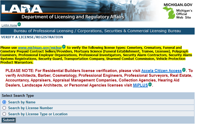 ‘Verify A License’ page on the Michigan Department of Licensing and Regulatory Affairs website.