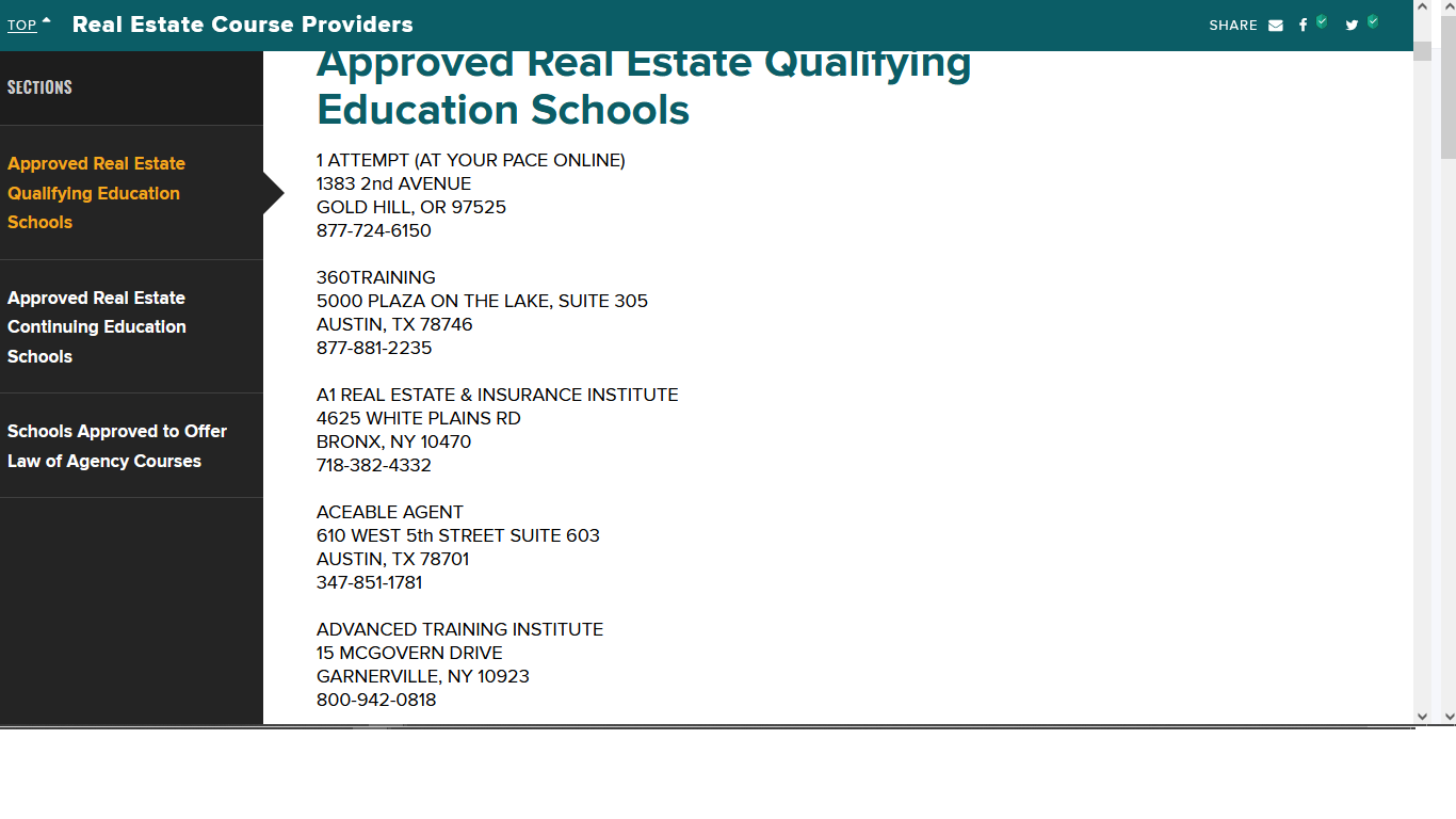 Information for approved real estate schools in New York listed on the Department of State, New York website.