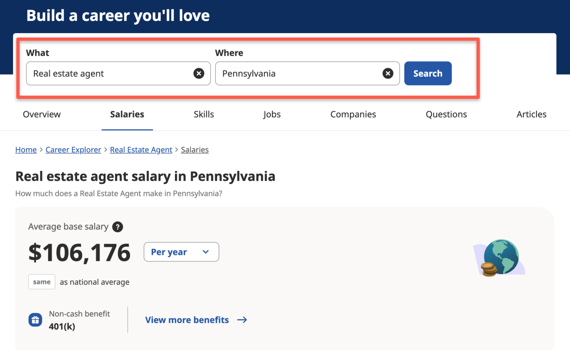 Salary information on Indeed.com for real estate salesperson in Pennsylvania.