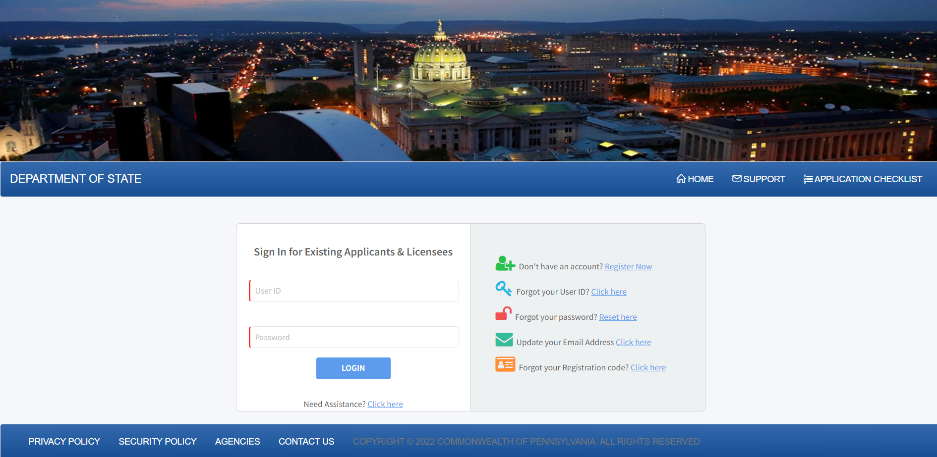The PA Licensing System (PALS) Login page.