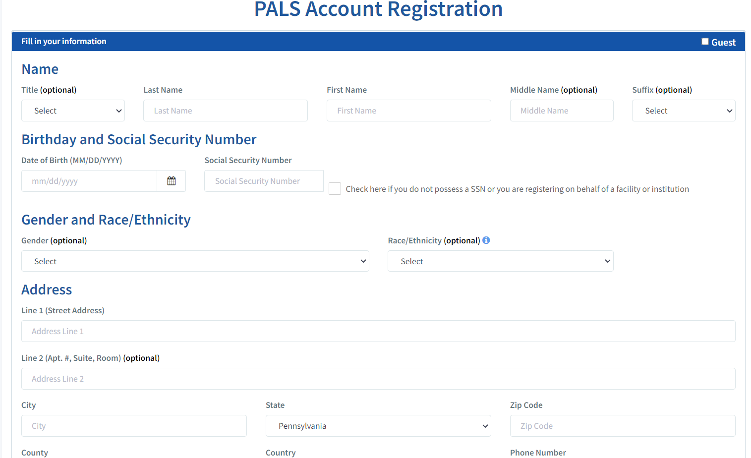 PALS website showing the account registration options.