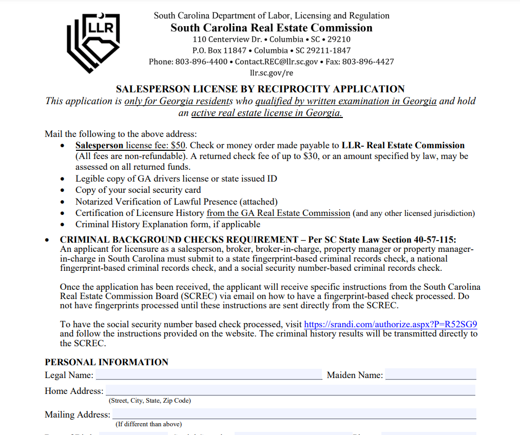 The License by Reciprocity Application on the LLR website.