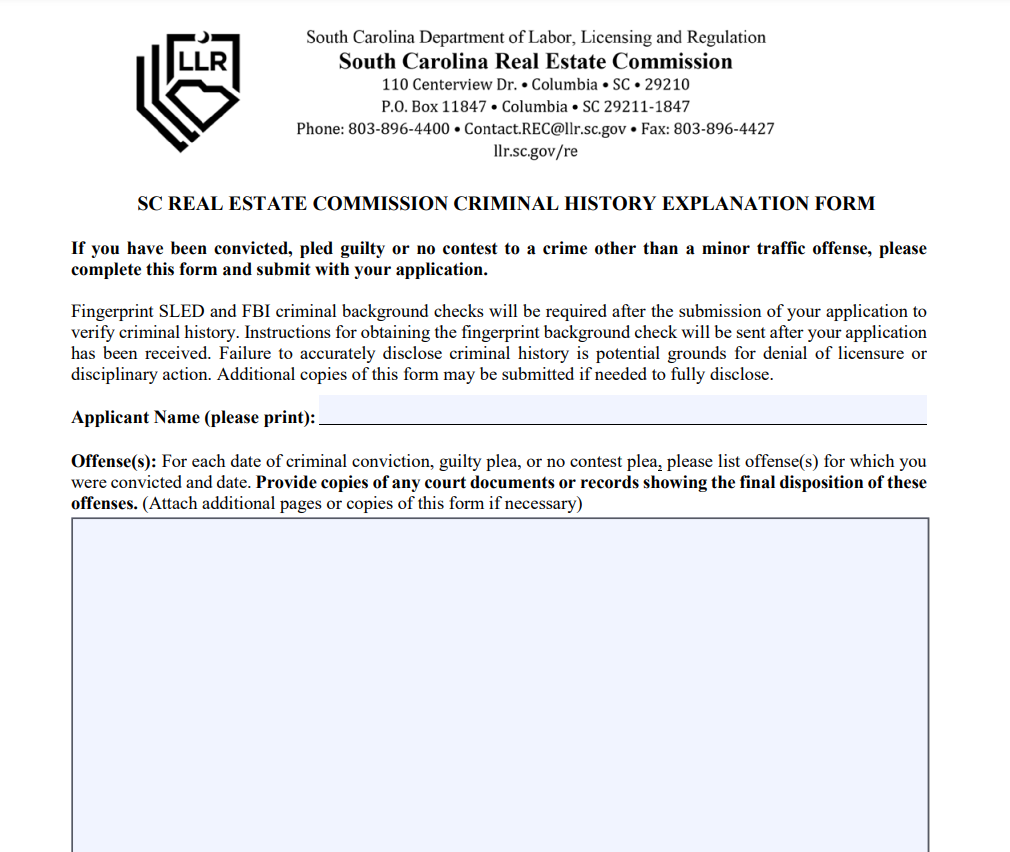 SC Real Estate Commission Criminal history Explanation Form.