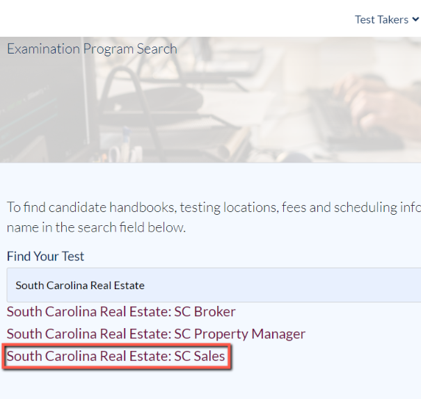 PSI website leading to the South Carolina Real Estate test for Salesperson.