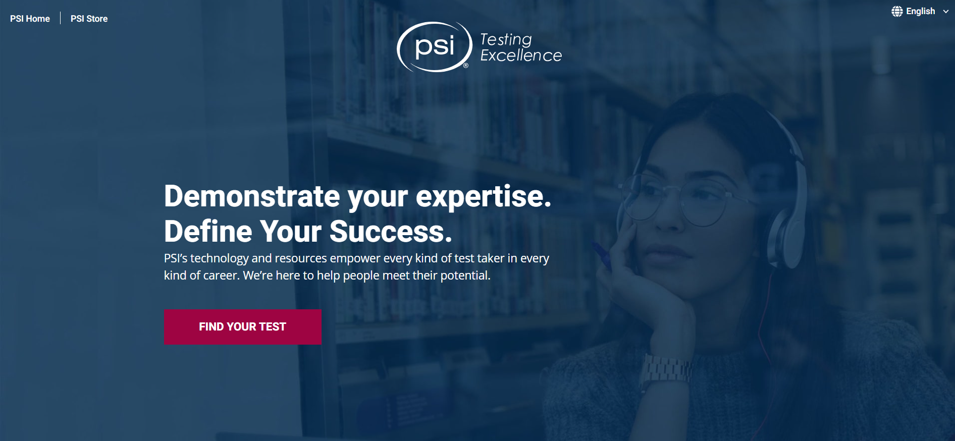 The PSI Testing Center website showing the ‘Find Your Test’ red button.