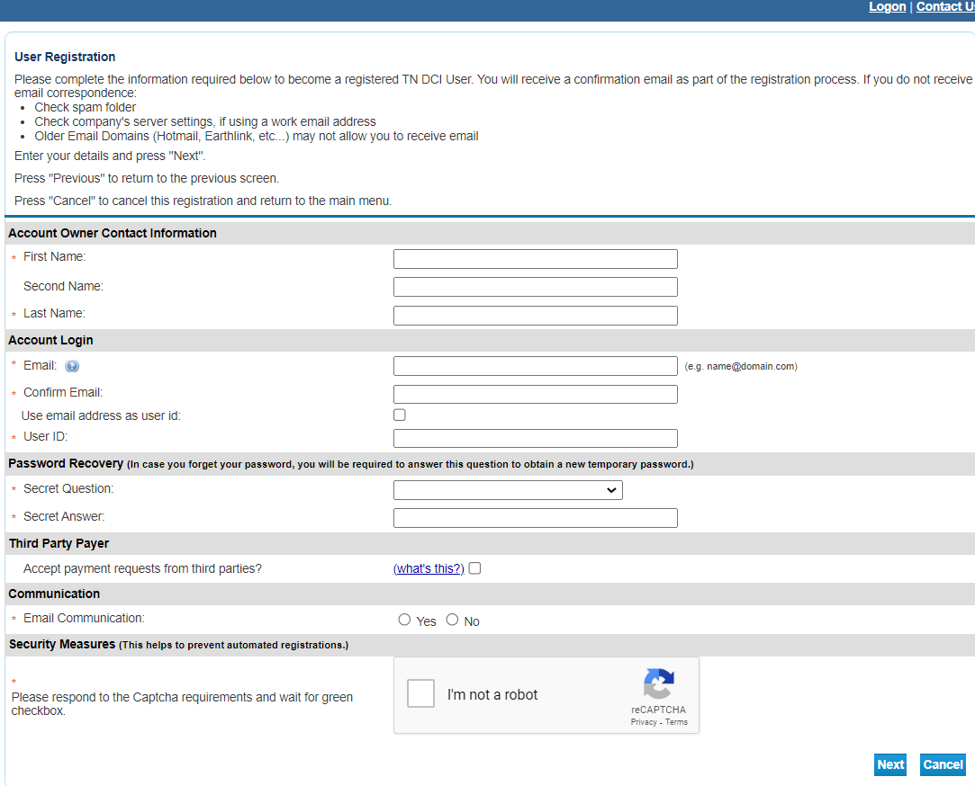 The User Registration page.