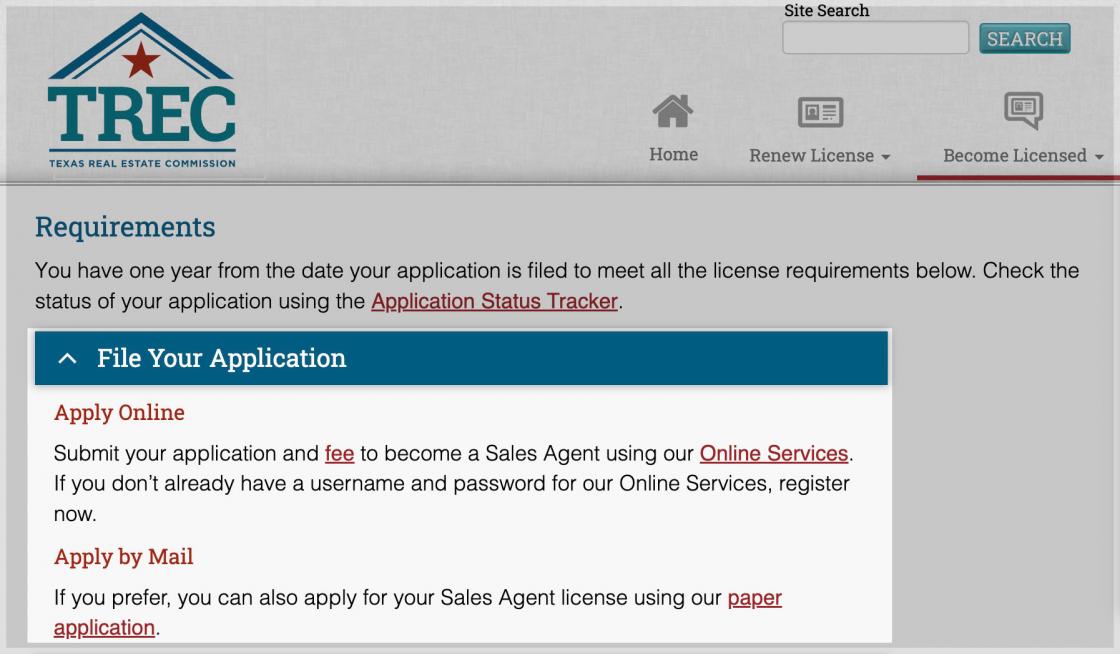 Texas Real Estate Commission Application Online and paper application.