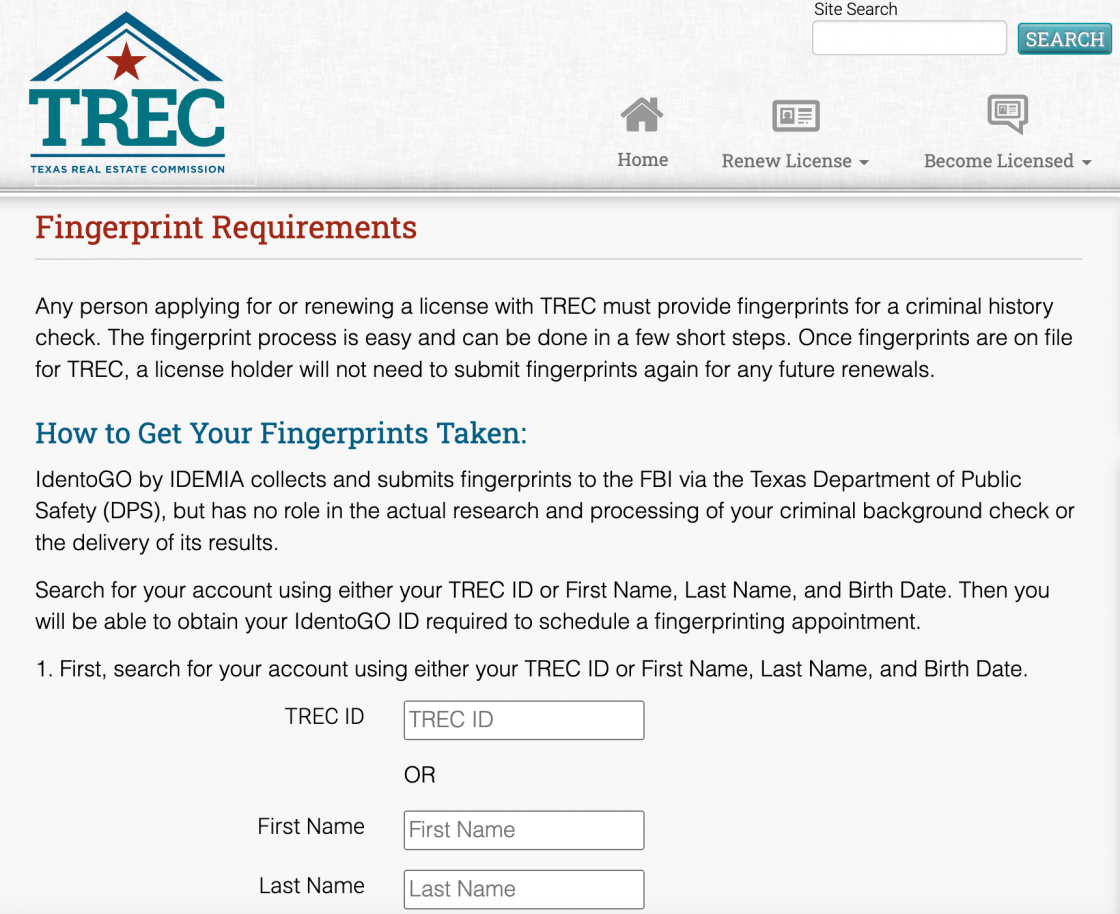 TREC information on how to get your fingerprints taken before applying for a TX real estate license.