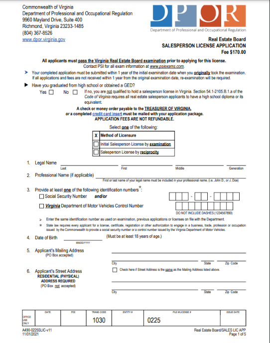 Virginia DPOR Real Estate Salesperson License Application Form.