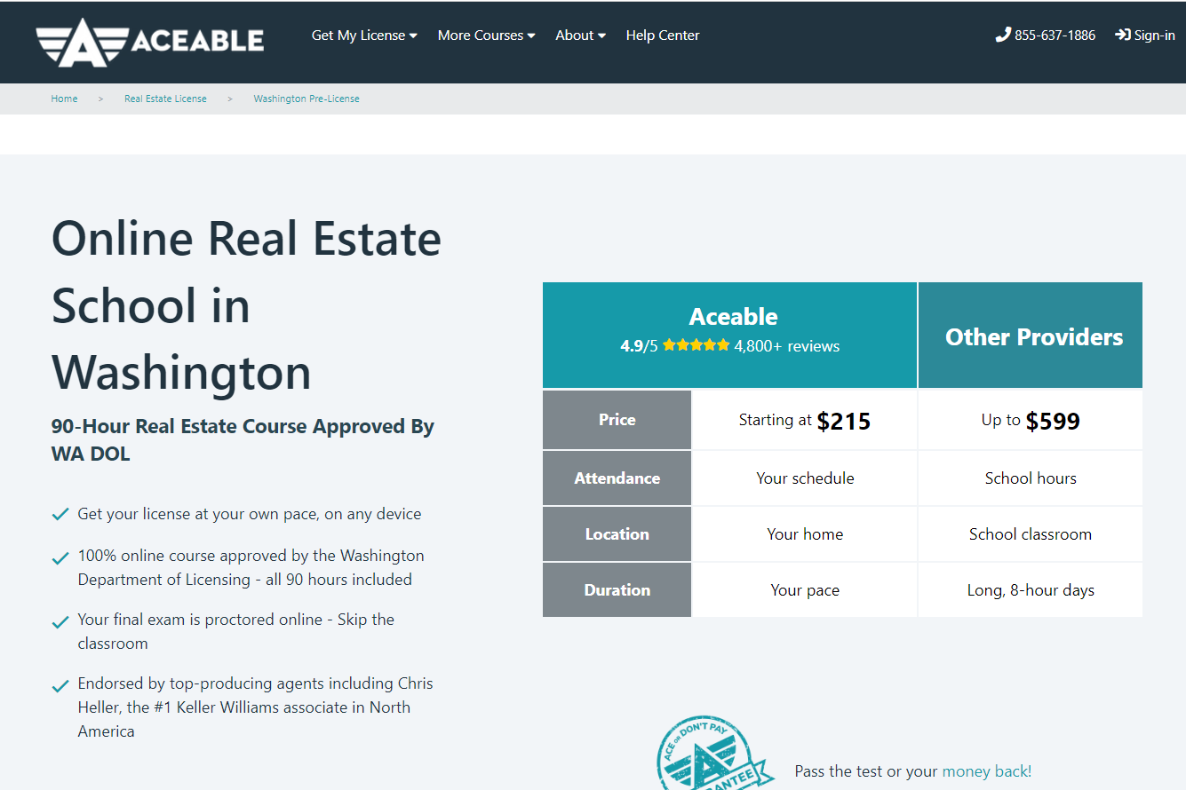 Advertisement for the 90-hour Real Estate Course Approved by WA DOL from AceableAgent.