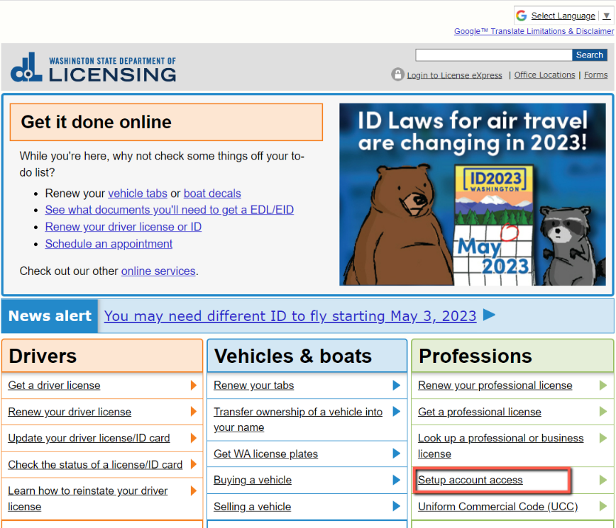 WA State Department of Licensing home page.