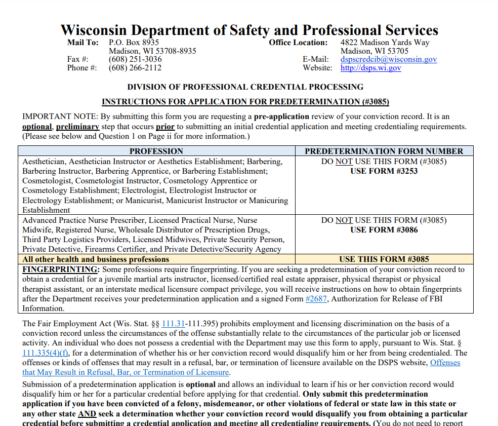 Application for predetermination on Wisconsin Department of Safety and professional Services website.