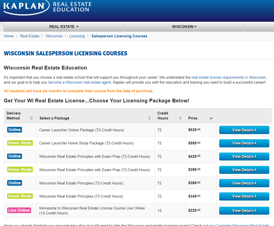 Advertisement for the Wisconsin Real Estate License online course from Kaplan Real Estate.