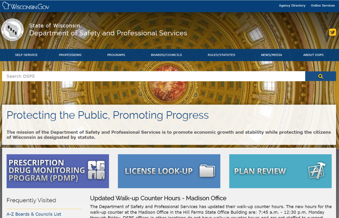 Wisconsin Department of Safety and Professional Services homepage.