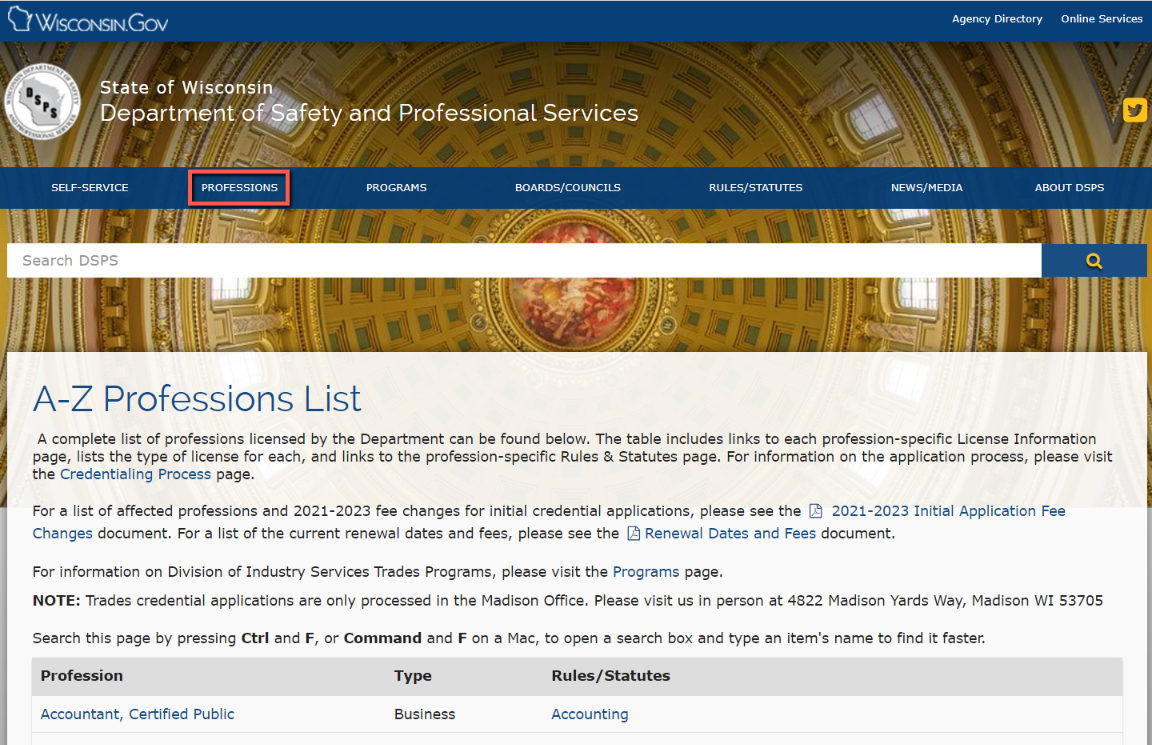 Wisconsin Department of Safety and Professional Services website - showing list.