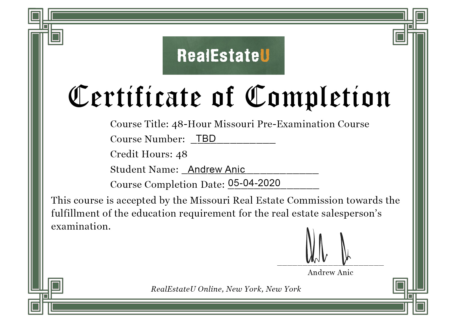 Missouri real estate course: certificate of completion