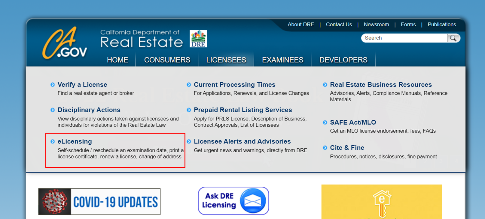 Home Page of the DRE website with the eLicensing link highlighted.