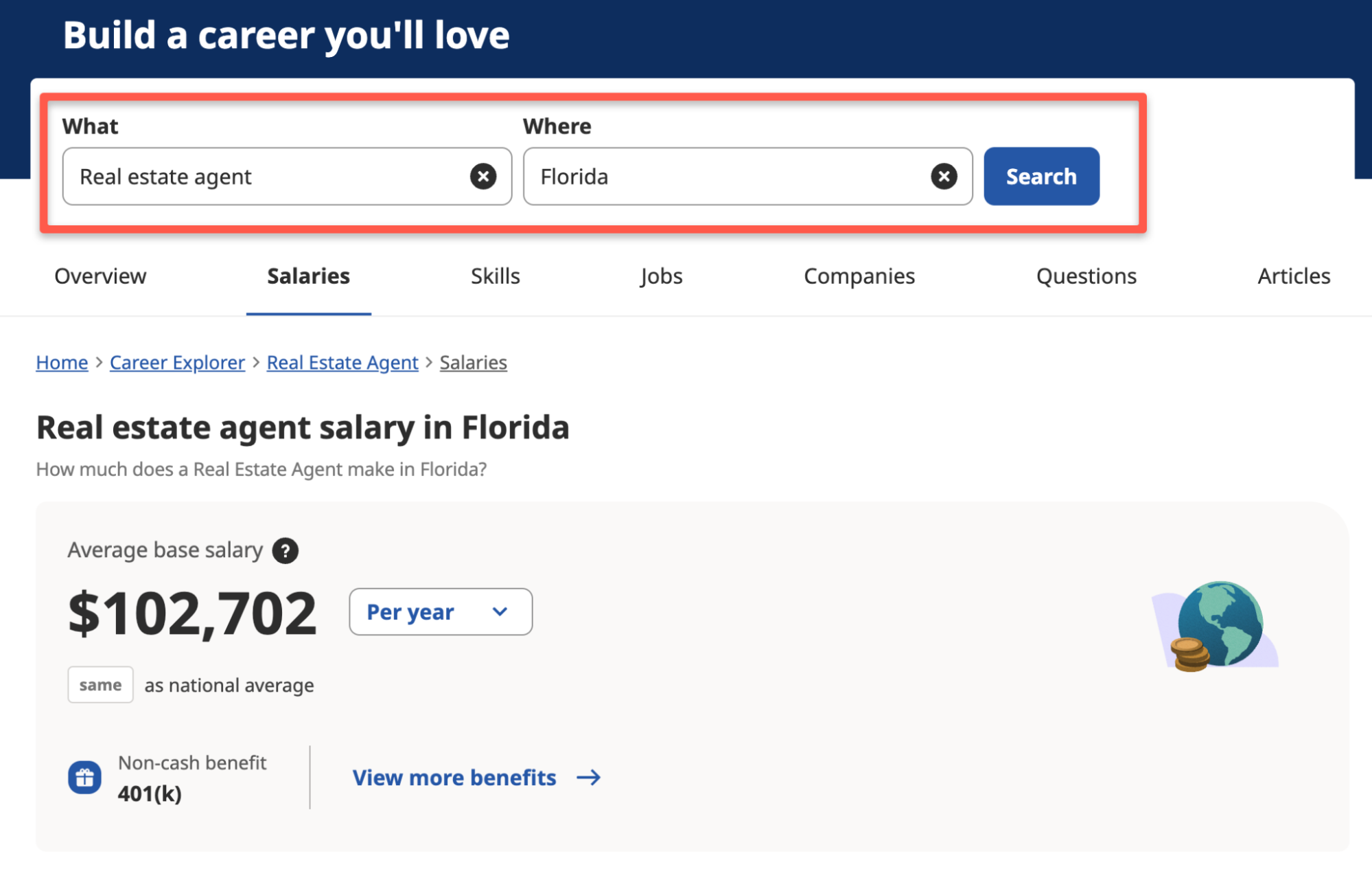 Salary information listed on Indeed.com for real estate associates in Florida.