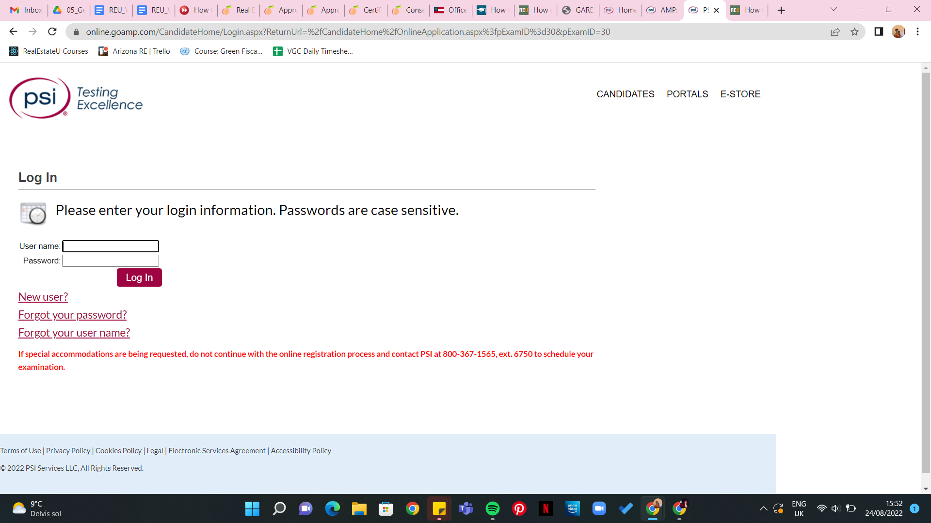 Page of PSI Testing Excellence asking you to enter your user name and password after clicking ‘Register for this exam’.