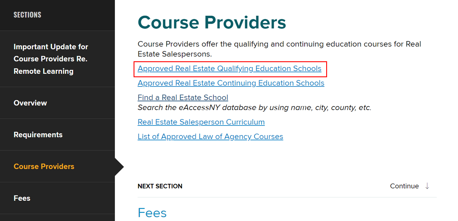 The ‘Approved Real Estate Qualifying Education Schools’ link.