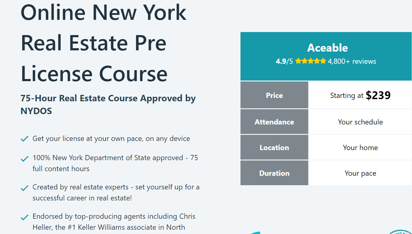 The cost for the New York Real estate pre-license course on aceable.com.