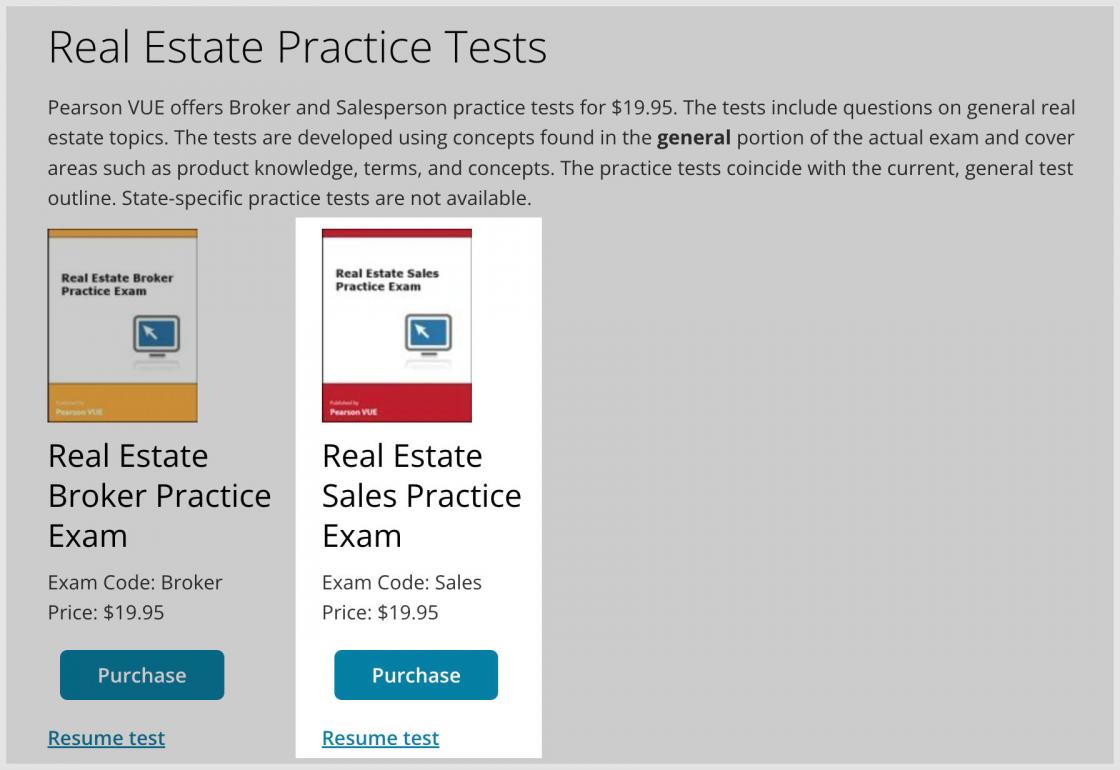 Pearson VUE real estate sales practice exam sign up page.