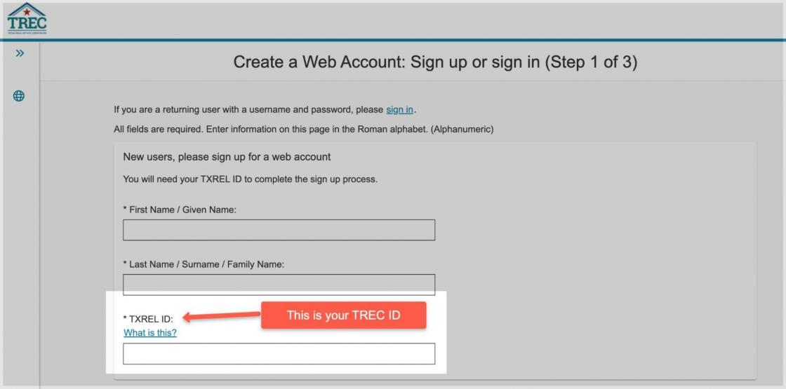Where you need to type in your TREC ID when applying for a Texas real estate license.