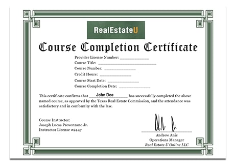 Texas real estate license course: completion certificate